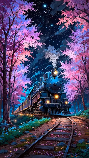 Steam Train in Magic Cherry Blossom Forest at Night - Free 4K & 8K Mobile Wallpaper