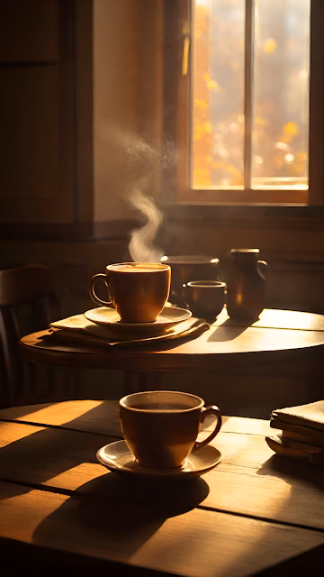 Steaming Coffee Cups Bathed in Warm Sunlight at Window - Free 4K & 8K Mobile Wallpaper