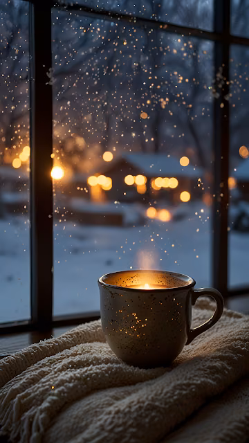 Steaming Mug Window Bokeh Lights Winter Cozy Scene - Free 4K & 8K Mobile Wallpaper