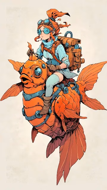 Steampunk Adventurer Riding a Mechanical Goldfish Mount - Free 4K & 8K Mobile Wallpaper