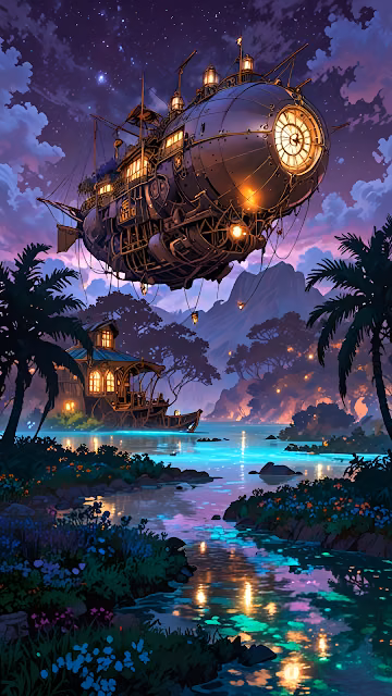 Steampunk Airship Floating over Neon Tropical Lagoon Twilight - Free 4K & 8K Mobile Wallpaper