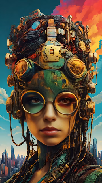 Steampunk Cybernetic Woman Portrait Cityscape Goggles - Free 4K & 8K Mobile Wallpaper
