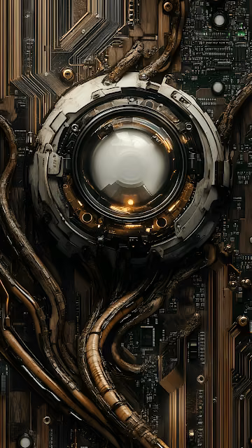 Steampunk Cyborg Eye Lens on Dark Circuit Board Background - Free 4K & 8K Mobile Wallpaper