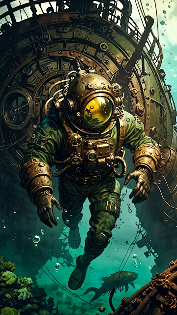 Steampunk Deep Sea Diver Exploring Sunken Brass Machinery - Free 4K & 8K Mobile Wallpaper