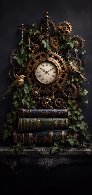 Steampunk Mechanical Gears with Ivy and Vintage Books - Free 4K & 8K Mobile Wallpaper