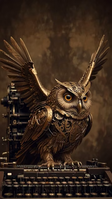 Steampunk Owl Perched on Vintage Typewriter - Free 4K & 8K Mobile Wallpaper
