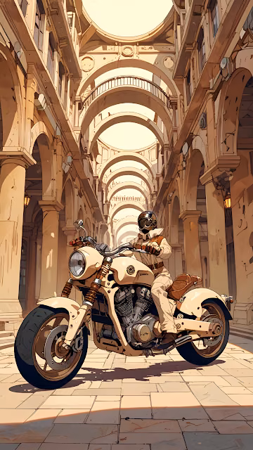 Steampunk Rider Motorcycle Adventure in Classical Archway Corridor - Free 4K & 8K Mobile Wallpaper