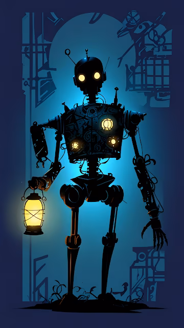 Steampunk Robot Silhouette Holding Glowing Yellow Lantern - Free 4K & 8K Mobile Wallpaper