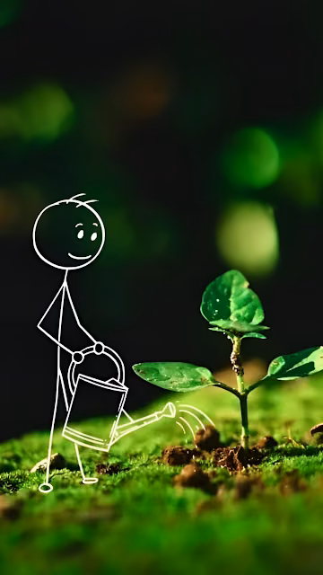 Stick Figure Watering a Young Plant on Mossy Ground - Free 4K & 8K Mobile Wallpaper