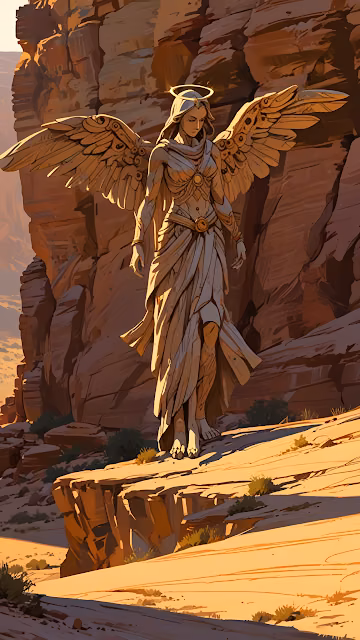 Stone Angel with Golden Wings Standing in Desert Canyon - Free 4K & 8K Mobile Wallpaper