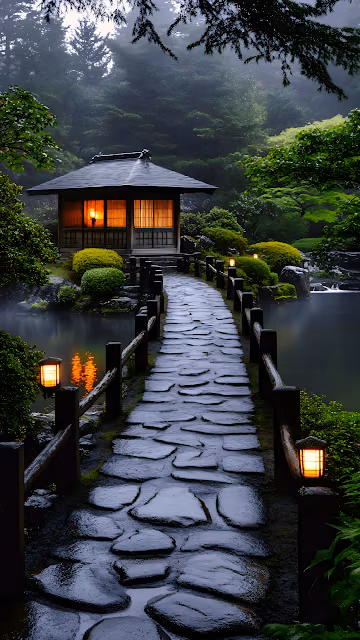Stone Path to Glowing Japanese Teahouse in Misty Garden - Free 4K & 8K Mobile Wallpaper
