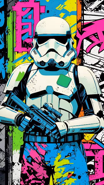 Stormtrooper in Pop Art Style with Neon Graffiti Background - Free 4K & 8K Mobile Wallpaper