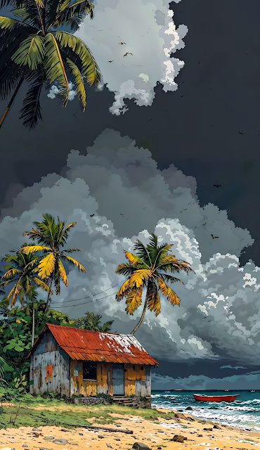 Stormy Tropical Beach Scene with Rustic Shack and Dramatic Clouds - Free 4K & 8K Mobile Wallpaper
