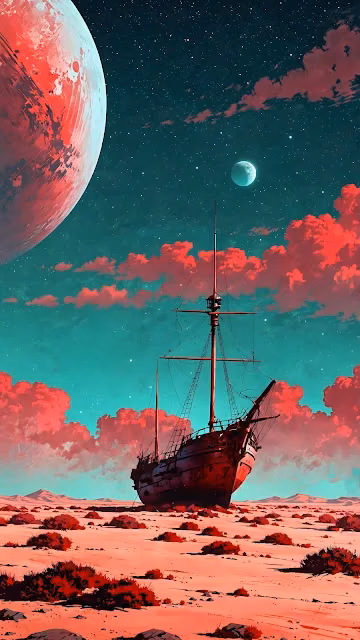 Stranded Galleon on Martian Desert Planet Surreal Landscape - Free 4K & 8K Mobile Wallpaper
