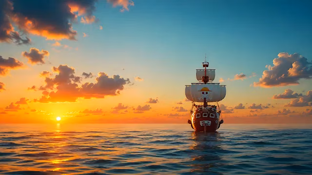 Straw Hat pirate ship sails across calm ocean waters under a golden sunset sky. Wooden pirate ship with a skull and straw hat emblem on its sail floating on calm ocean water at sunset.