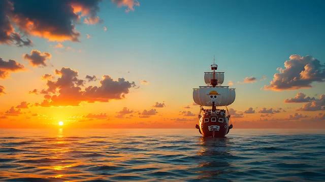 Straw Hat pirate ship sails across calm ocean waters under a golden sunset sky. Wooden pirate ship with a skull and straw hat emblem on its sail floating on calm ocean water at sunset.