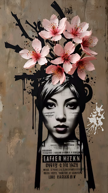 Street Art Woman Portrait Pink Sakura Graffiti Stencil - Free 4K & 8K Mobile Wallpaper