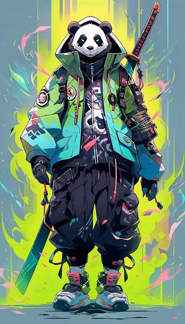 Streetwear Panda Samurai Katana Neon Graffiti Urban Art - Free 4K & 8K Mobile Wallpaper