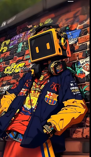 Streetwear TV Head Robot Leaning on Graffiti Wall - Free 4K & 8K Mobile Wallpaper