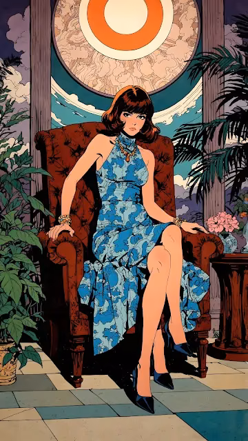 Stylish Retro Pop Art Woman in Blue Dress Armchair Portrait - Free 4K & 8K Mobile Wallpaper
