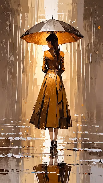 Stylish Woman with Golden Umbrella in Abstract Rain - Free 4K & 8K Mobile Wallpaper