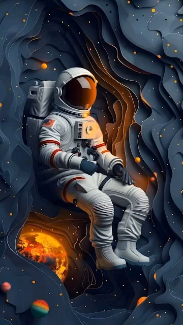 Stylized Astronaut in Layered Paper Cut Cosmic Abyss Art - Free 4K & 8K Mobile Wallpaper