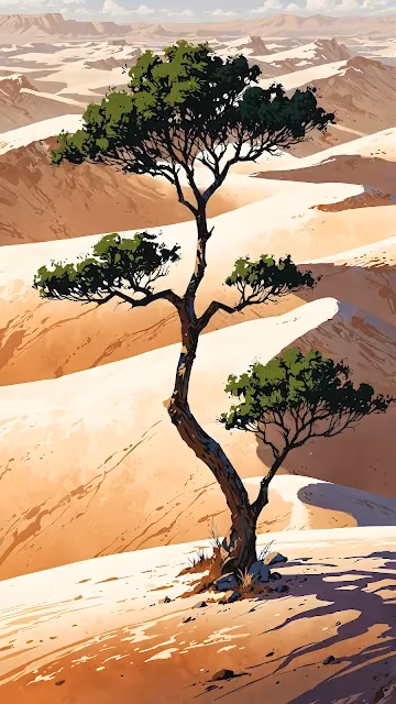 Stylized Desert Landscape Art with Lone Green Tree - Free 4K & 8K Mobile Wallpaper