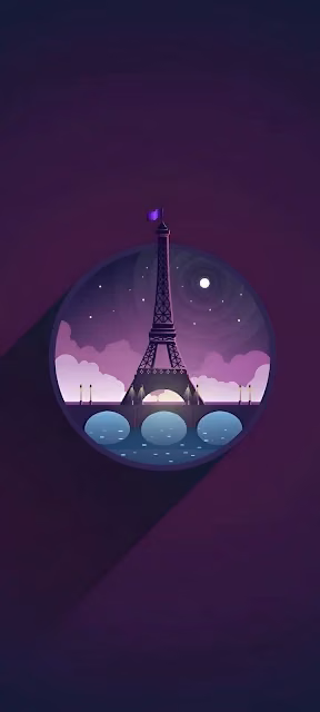 Stylized Eiffel Tower Illustration in Purple Night Circle Frame - Free 4K & 8K Mobile Wallpaper