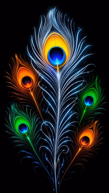 A close-up vertical abstract illustration of dark-themed peacock feathers with glowing neon blue, yellow, and orange eye-spots on a black background.