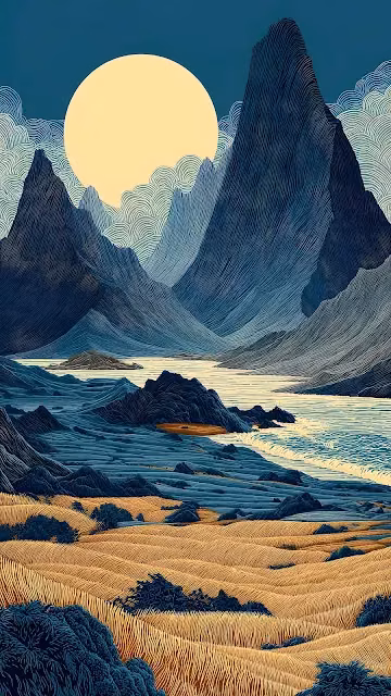 Stylized Mountain Valley Landscape with Golden Fields - Free 4K & 8K Mobile Wallpaper