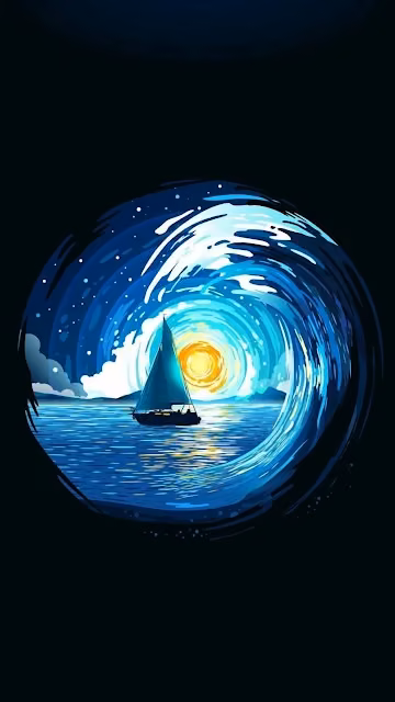 Stylized Sailboat Inside Dynamic Swirling Ocean Wave Art - Free 4K & 8K Mobile Wallpaper