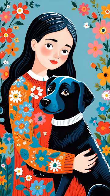 Stylized Vibrant Portrait Woman and Dog Floral Sweater - Free 4K & 8K Mobile Wallpaper