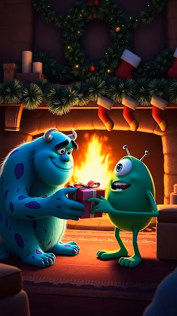 Sulley and Mike Sharing Gift by Christmas Fireplace - Free 4K & 8K Mobile Wallpaper