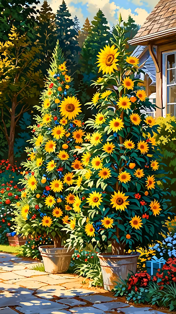 Sunflower Trees in Vibrant Garden Beside Cozy Cottage - Free 4K & 8K Mobile Wallpaper