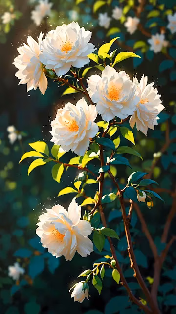 Sunlit White Camellia Blooms on Dark Green Vine - Free 4K & 8K Mobile Wallpaper