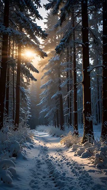 Sunlit Winter Forest Path with Fresh Snow and Pine Trees - Free 4K & 8K Mobile Wallpaper