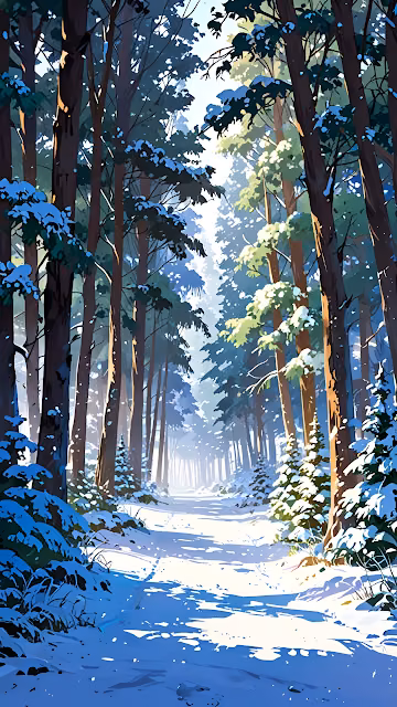Sunlit Winter Forest Path Through Snow Covered Pine Trees - Free 4K & 8K Mobile Wallpaper