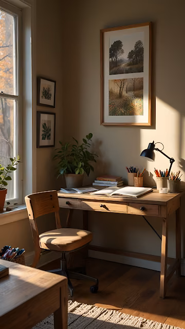 Sunlit Wooden Desk in Cozy Rustic Home Office Corner - Free 4K & 8K Mobile Wallpaper