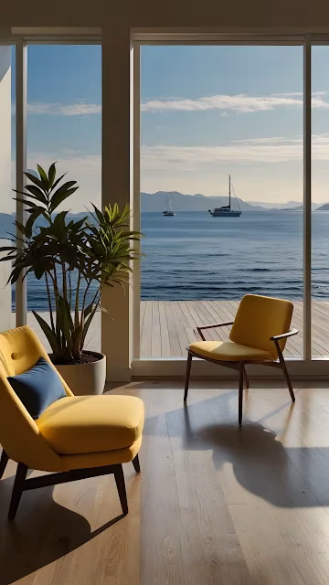 Sunny Coastal Living Room with Ocean View and Sailboats - Free 4K & 8K Mobile Wallpaper