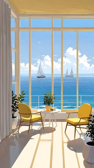 Sunny Ocean View Sunroom with Yellow Chairs and Sailboats - Free 4K & 8K Mobile Wallpaper