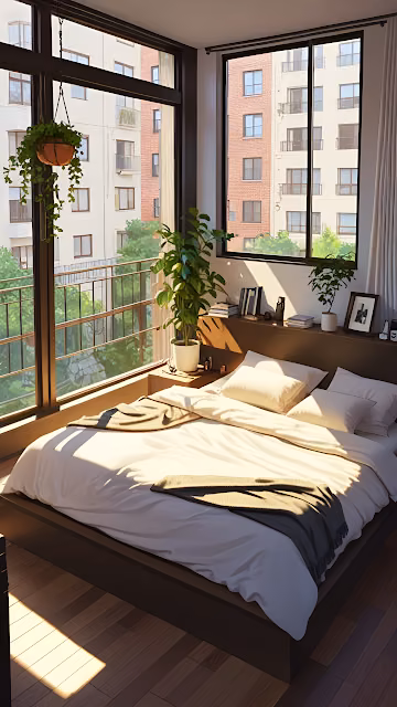 Sunny Urban Apartment Bedroom with Large Windows and Plants - Free 4K & 8K Mobile Wallpaper