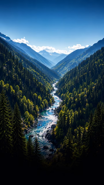 Sunny Valley Mountain River and Pine Forest Landscape - Free 4K & 8K Mobile Wallpaper