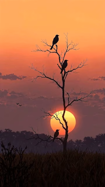 Sunset Silhouette of Bare Tree and Crows Against Orange Sky - Free 4K & 8K Mobile Wallpaper