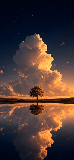 A lone tree and glowing sunset cumulus cloud reflect symmetrically on still water. Silhouette of a lone tree and illuminated sunset cloud reflecting on a calm lake.