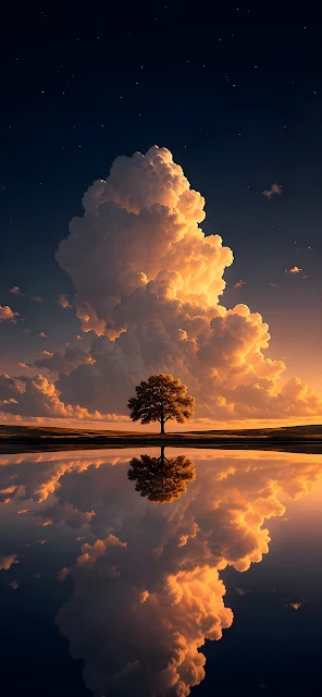 Silhouette of a lone tree and illuminated sunset cloud reflecting on a calm lake.