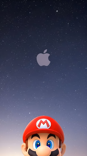 Super Mario Peeking Under Apple Logo Starry Night Sky - Free 4K & 8K Mobile Wallpaper
