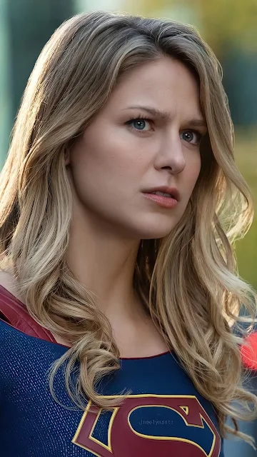Kara Danvers in her Supergirl suit stands outdoors with natural daytime lighting. Close-up portrait of Kara Danvers in the Supergirl suit with blonde hair and a focused expression outdoors.