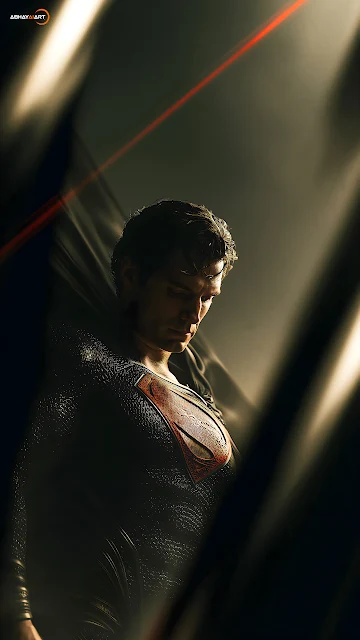 Superman in a black suit bows his head beneath a single beam of cinematic golden sunlight. Superman in black suit looking down in dramatic shadow under a diagonal beam of sunlight.