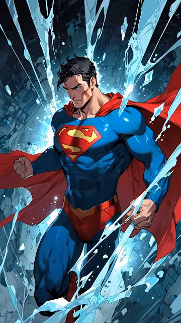 Superman bursts through icy shards in heroic action pose - Free 4K & 8K Mobile Wallpaper