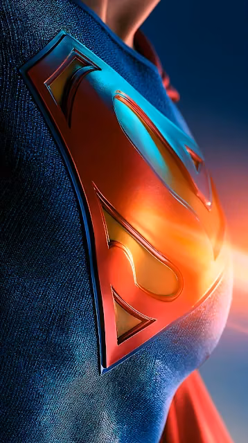 Close-up macro of Superman's red and gold chest emblem on textured blue superhero suit. Close-up profile of Superman's red and yellow chest shield emblem on textured blue suit material.